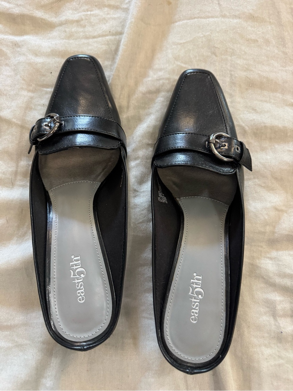 East 5th Black Buckle Slip-On Mules